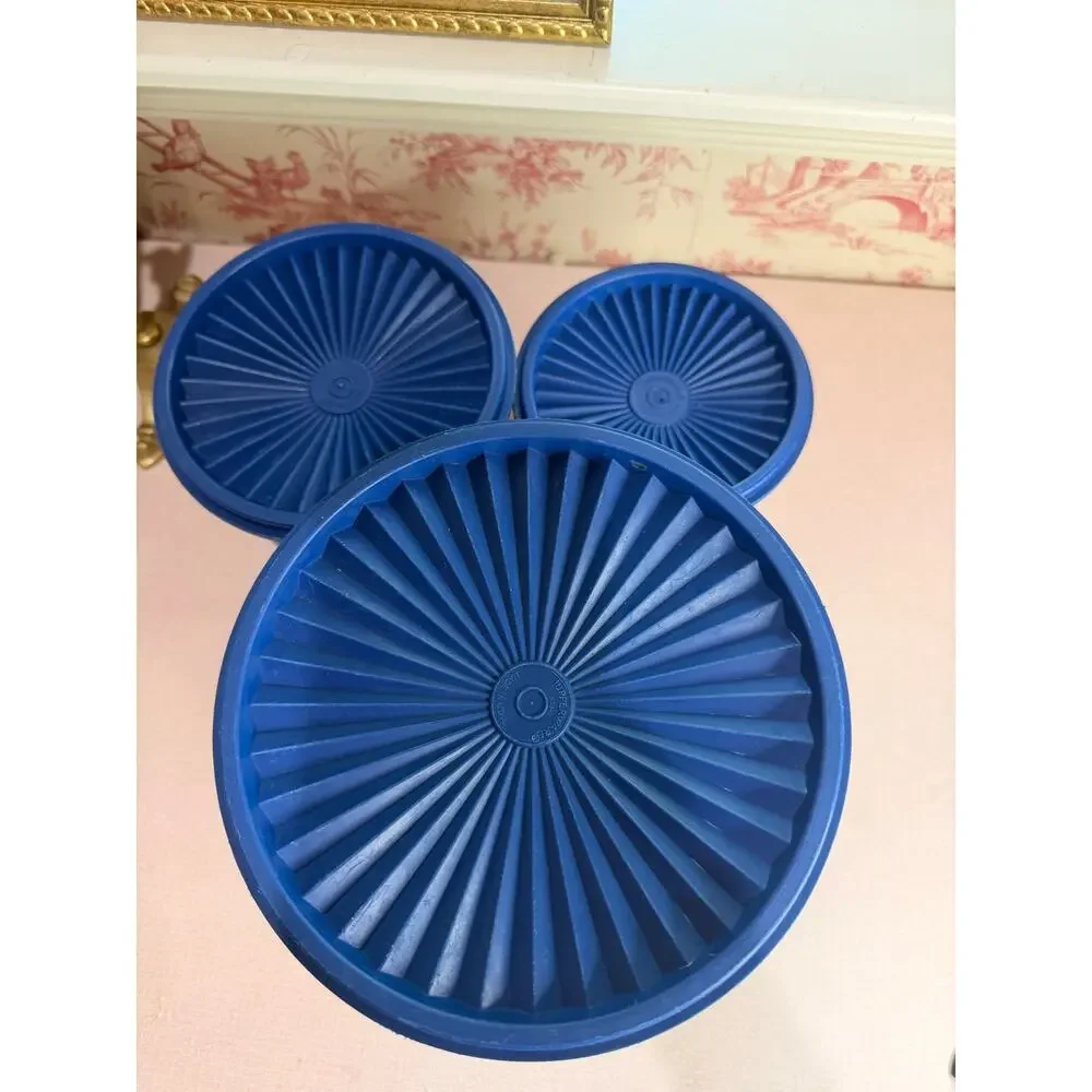 Vintage Tupperware Canister Set, Servalier, Set of 3 Dark Blue Sunburst Lids